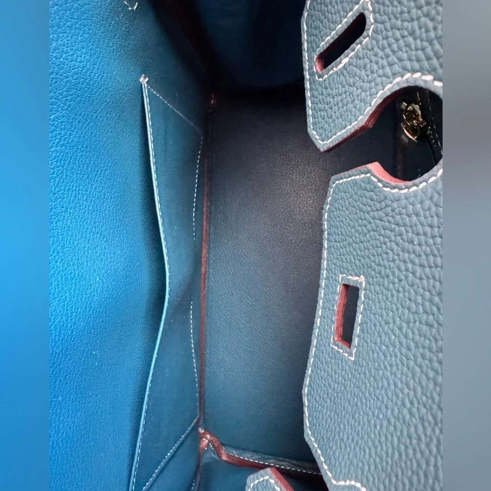 Blue Leather Top-Handle Satchel with Gold Hardware